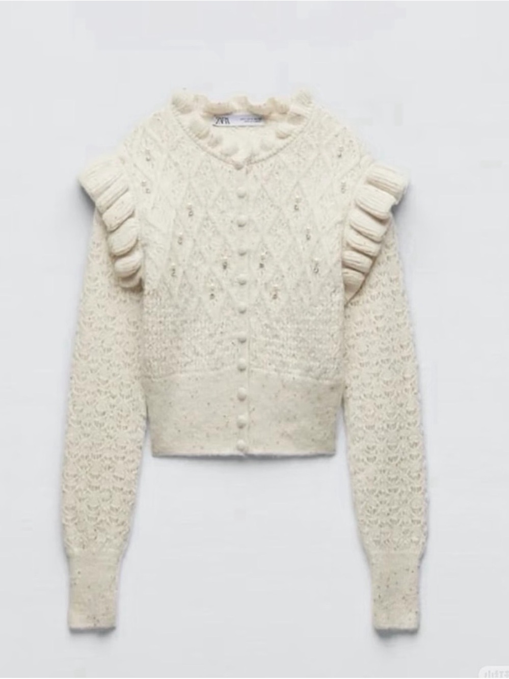 Women’s Cream Pearl Embellished Ruffle Cable Knit Cardigan